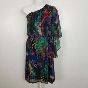 BISOU BISOU One Shoulder Peacock Print Dress Sz 16